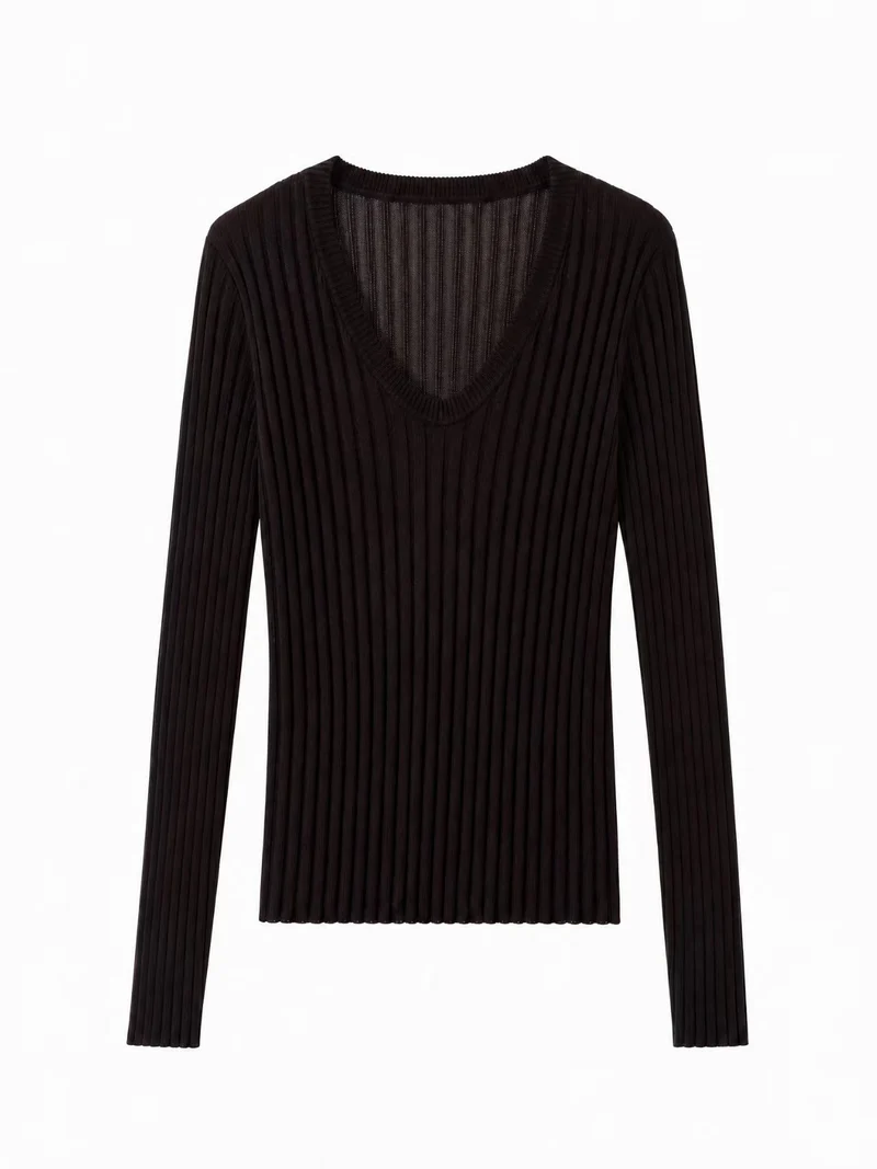 Damen Enges Feinstrick-Longsleeve mit tiefem V-Ausschnitt und breiter Rippenstruktur Nord Taschen