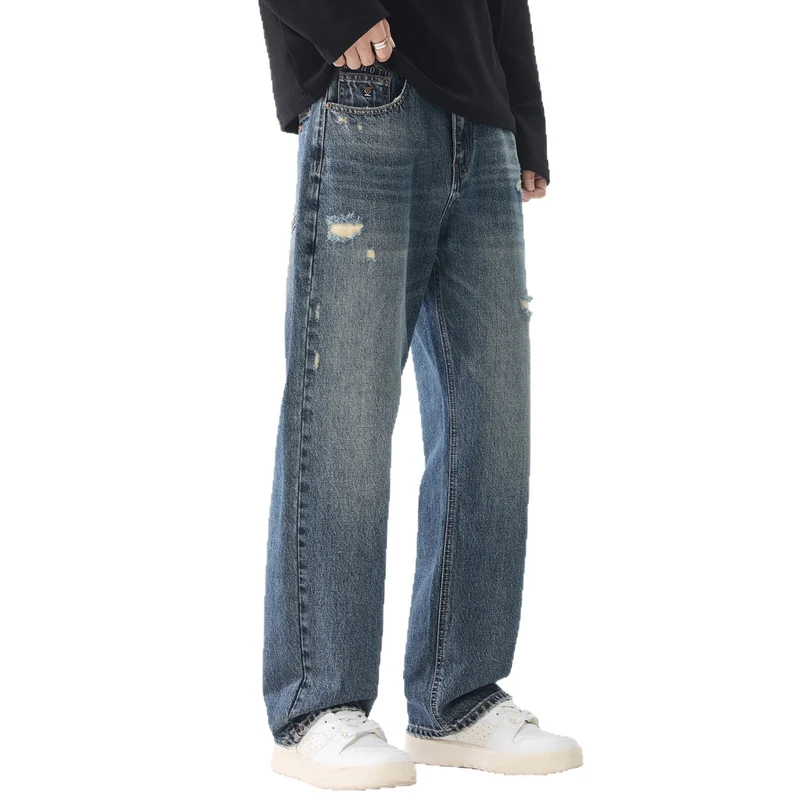 Herren Weite Relaxed-Straight Jeans aus robustem Baumwoll-Denim mit Destroyed-Akzenten Nord Taschen