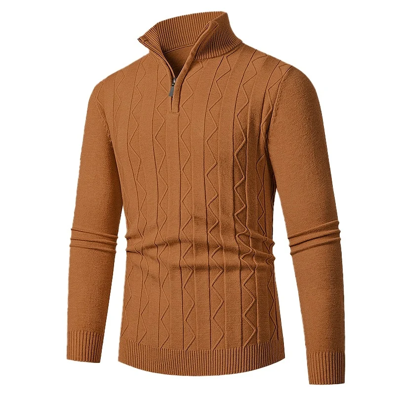 Herren Feinstrick-Halbzip-Pullover mit Zopfmuster und Stehkragen Nord Taschen