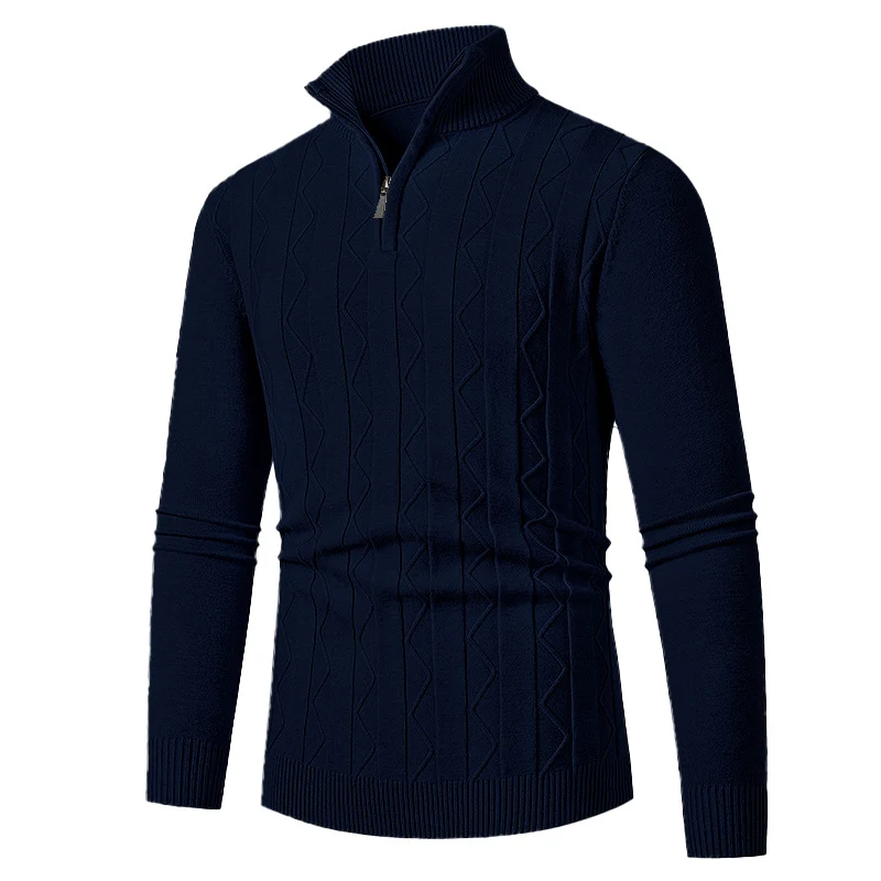 Herren Feinstrick-Halbzip-Pullover mit Zopfmuster und Stehkragen Nord Taschen
