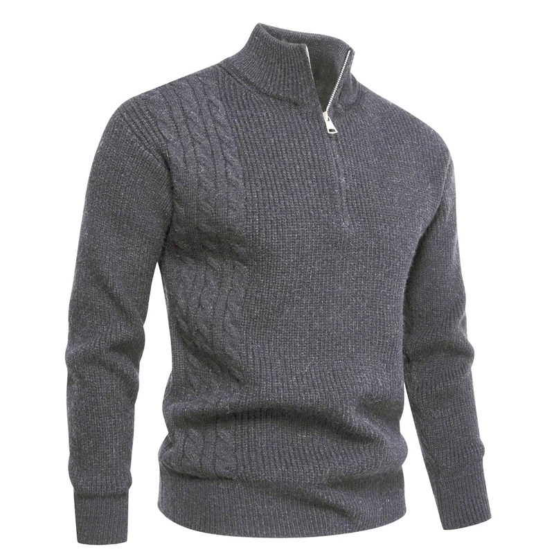 Herren Feinstrick-Halbzip-Pullover mit Stehkragen, Rippstruktur und Schulter-Zopfdetail Nord Taschen