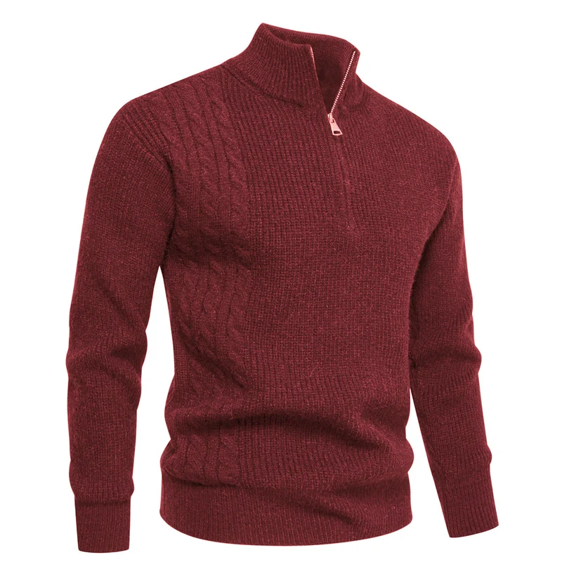 Herren Feinstrick-Halbzip-Pullover mit Stehkragen, Rippstruktur und Schulter-Zopfdetail Nord Taschen
