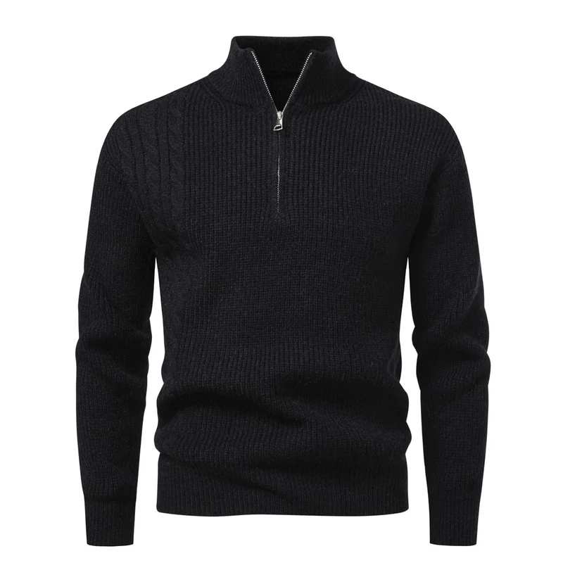 Herren Feinstrick-Halbzip-Pullover mit Stehkragen, Rippstruktur und Schulter-Zopfdetail Nord Taschen