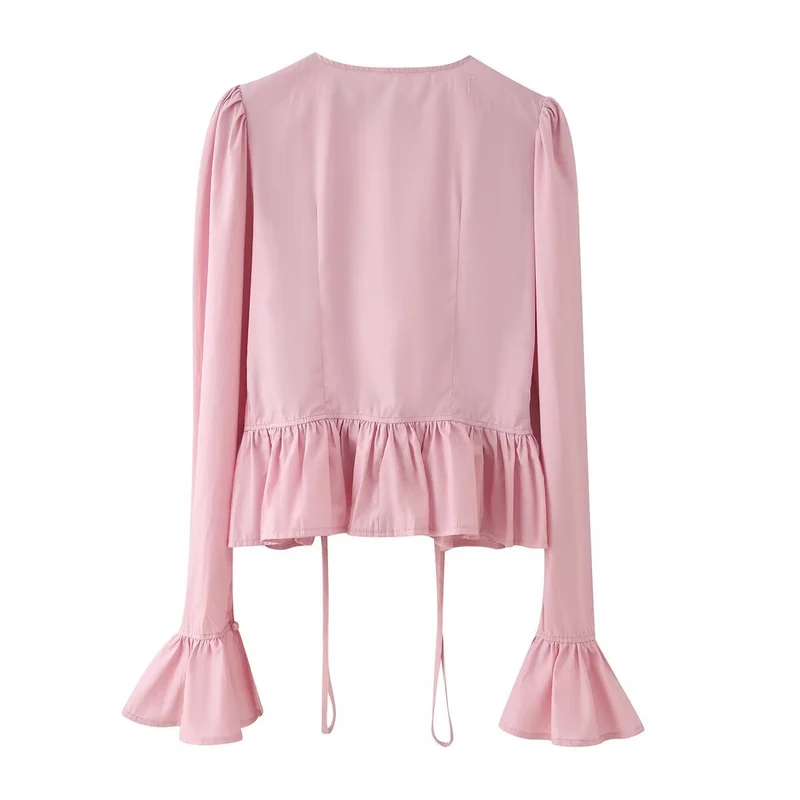 Damen Rüschenbluse mit Kordelzug, Volant-Saum und Glockenärmeln Nord Taschen