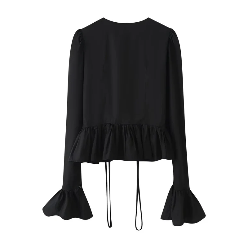 Damen Rüschenbluse mit Kordelzug, Volant-Saum und Glockenärmeln Nord Taschen
