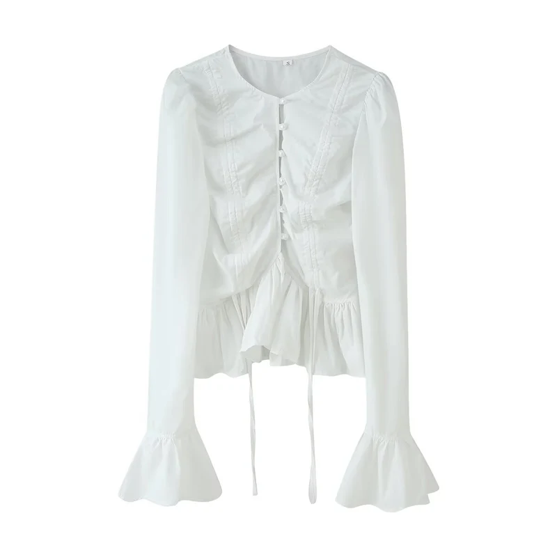 Damen Rüschenbluse mit Kordelzug, geraffter Knopfleiste und Volant-Saum Nord Taschen