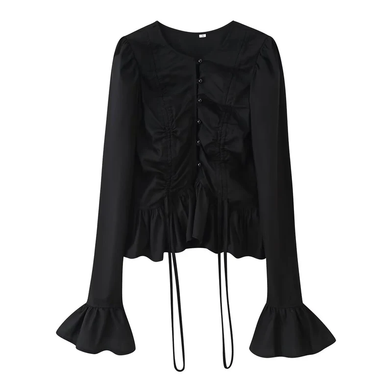 Damen Rüschenbluse mit Kordelzug, geraffter Knopfleiste und Volant-Saum Nord Taschen