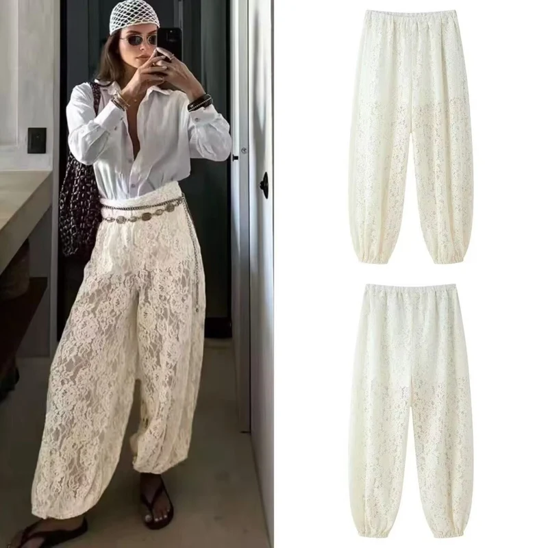 Damen Weite Spitzenhose mit elastischem Bund und ballonförmigen Beinen Nord Taschen