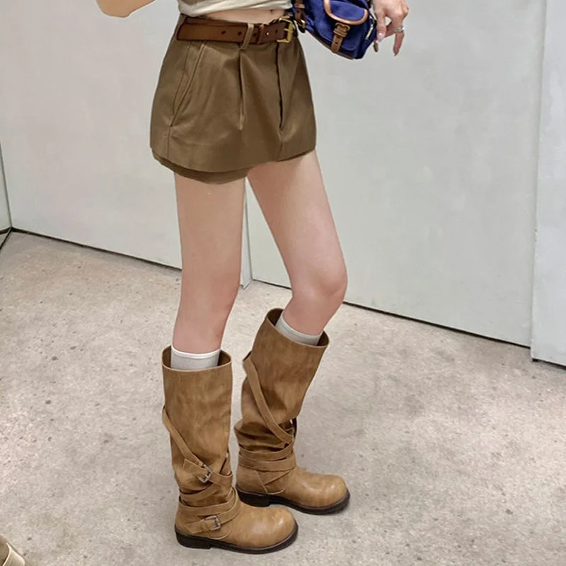 Damen Kniehohe Biker-Stiefel in Leder-Optik mit verstellbaren Schnallen Nord Taschen
