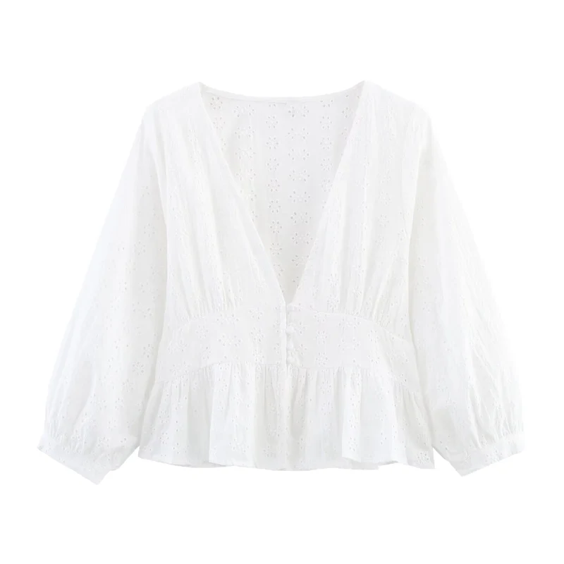 Damen Weiche Broderie-Anglaise-Bluse mit tiefem V‑Ausschnitt, Taillennaht und Volant Nord Taschen
