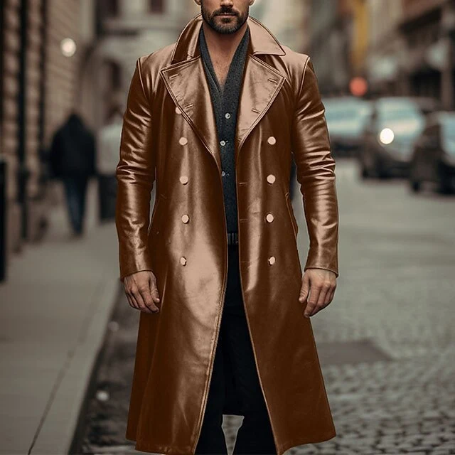 Herren Doppelreihiger Ledermantel im Trenchcoat‑Stil mit schmaler Taille Nord Taschen
