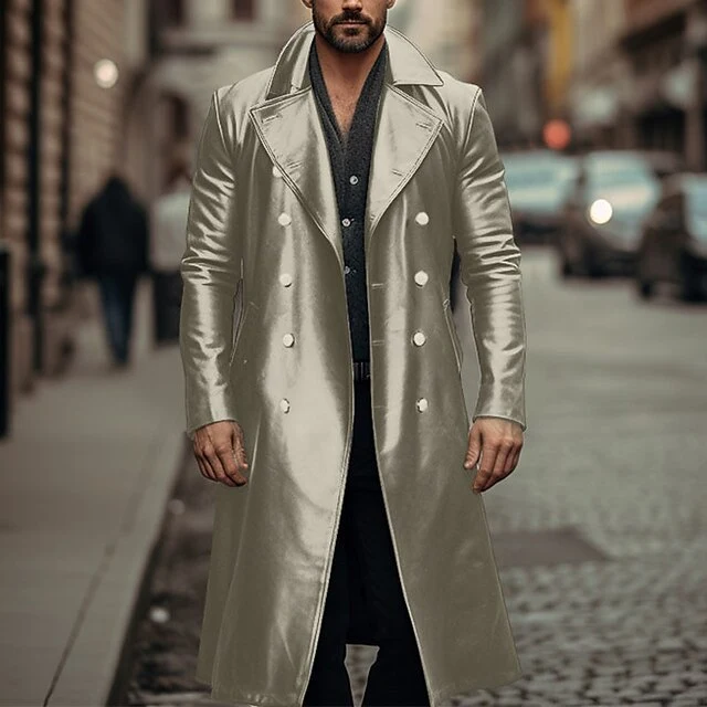 Herren Doppelreihiger Ledermantel im Trenchcoat‑Stil mit schmaler Taille Nord Taschen