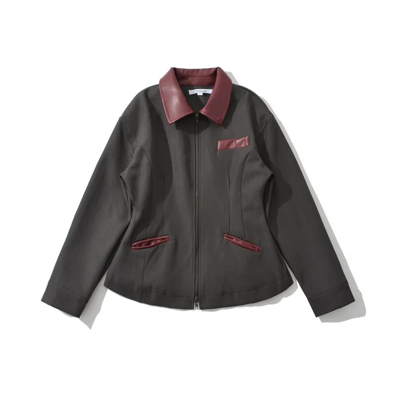 Damen Taillierte Kurzjacke mit Reißverschluss und Kunstlederbesatz Nord Taschen