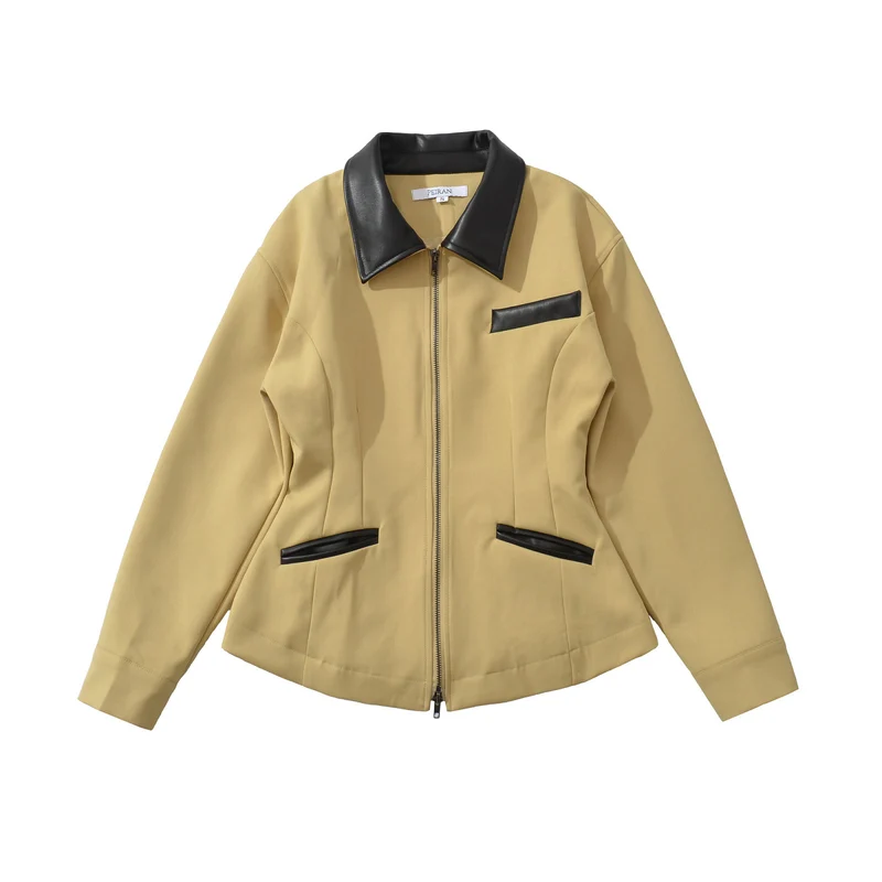 Damen Taillierte Kurzjacke mit Reißverschluss und Kunstlederbesatz Nord Taschen