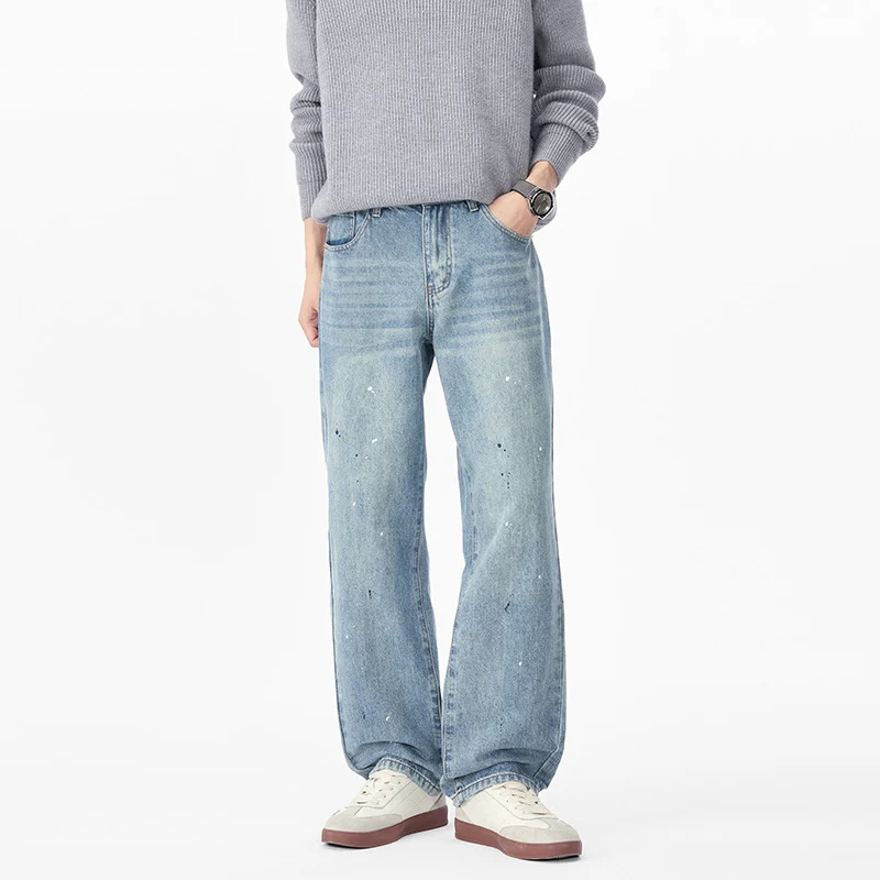Herren Weite Relaxed-Fit Denimhose mit Paint‑Splatter und Used‑Effekt Nord Taschen