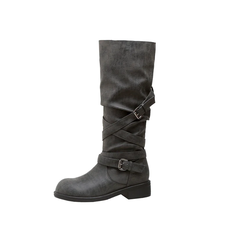 Damen Wadenhohe Bikerstiefel mit Wickelriemen und verstellbaren Schnallen Nord Taschen
