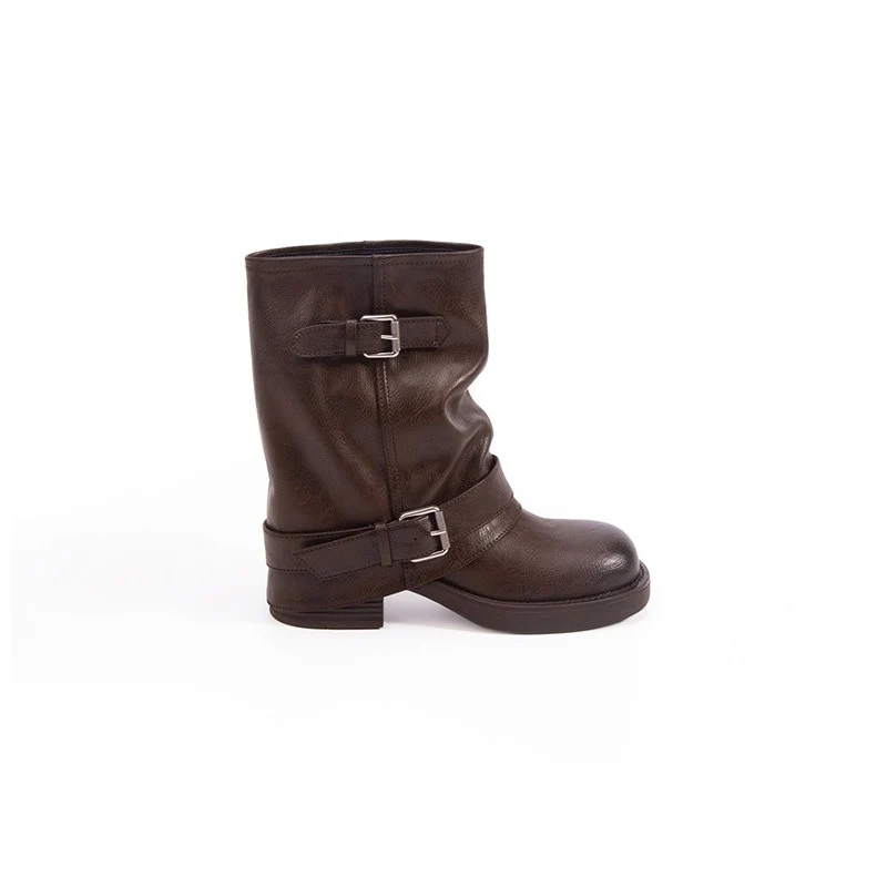 Damen Wadenhohe Bikerstiefel aus Glattleder mit Doppelschnallen und gerafftem Schaft Nord Taschen