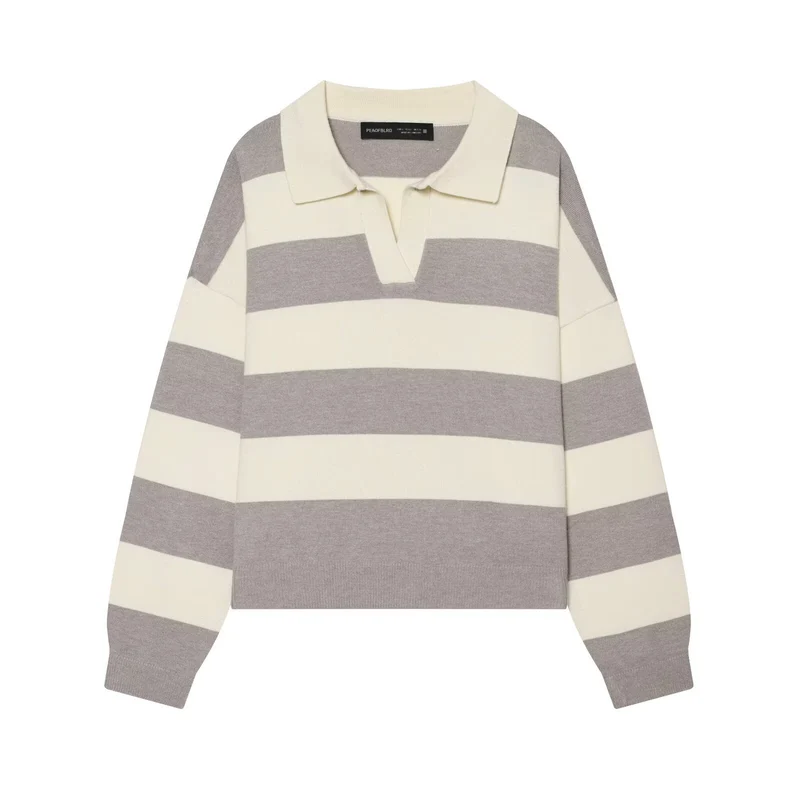 Damen Oversize Rugby-Pullover mit Polokragen und breiten Blockstreifen Nord Taschen