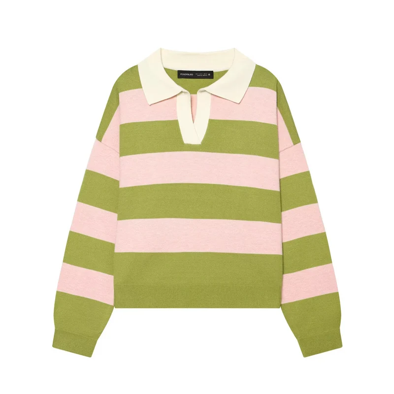 Damen Oversize Rugby-Pullover mit Polokragen und breiten Blockstreifen Nord Taschen