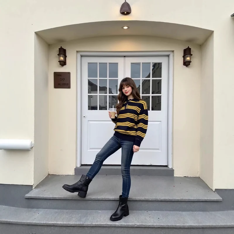 Damen Oversize Polokragen-Strickpullover mit mehrfarbigen Streifen und Rippbündchen Nord Taschen
