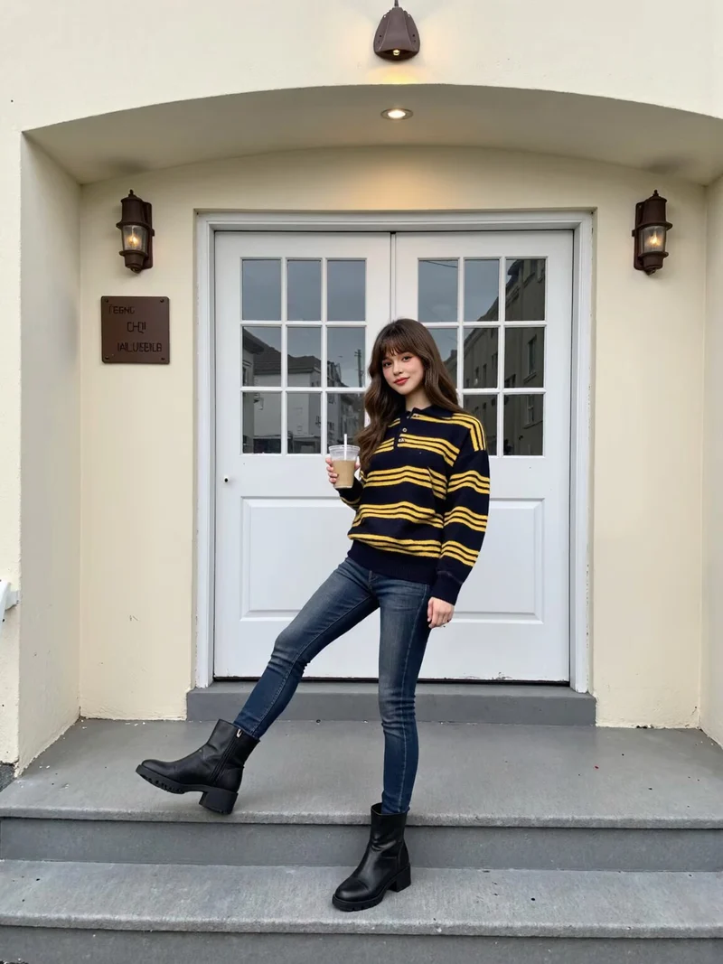 Damen Oversize Polokragen-Strickpullover mit mehrfarbigen Streifen und Rippbündchen Nord Taschen