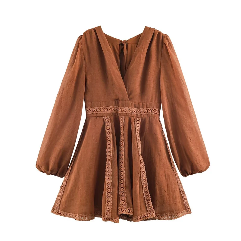 Damen Romantisches A‑Linien Kleid mit V‑Ausschnitt, Spitzenborten und Ballonärmeln Nord Taschen