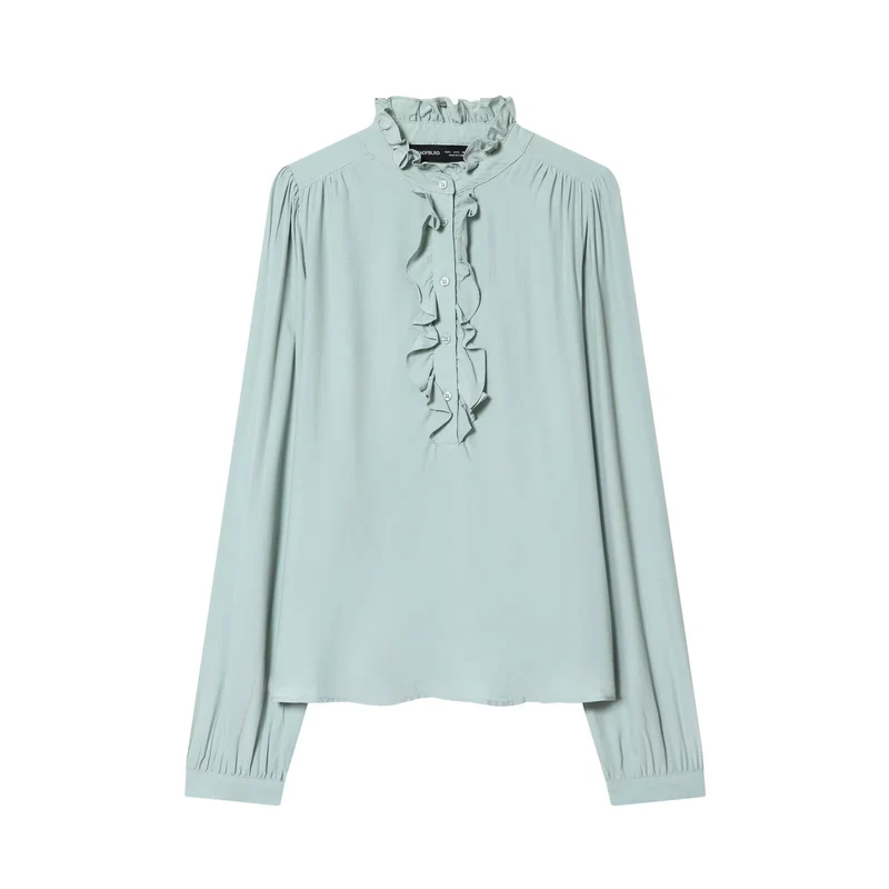 Damen Romantische Rüschenbluse mit Stehkragen, Knopfleiste und Ballonärmeln Nord Taschen