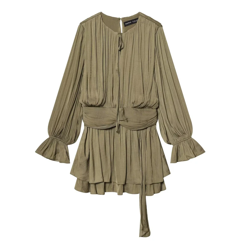 Damen Plissiertes Wickelkleid mit Volantrock und Balloonärmeln Nord Taschen