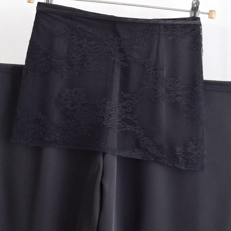 Damen weite Satinhose mit Spitzen‑Überwurf und Bindegürtel Nord Taschen