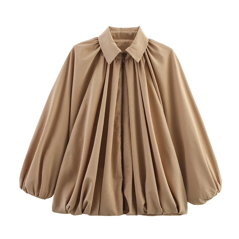Damen Weite plissierte Cape-Übergangsjacke mit Reißverschluss und ballonförmigem Saum Nord Taschen