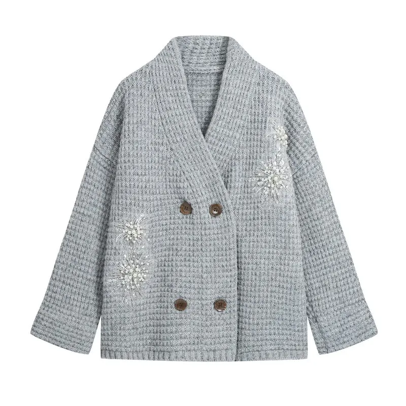 Damen Waffel-Strick-Cardigan mit doppelreihiger Knopfleiste und Schmuckapplikation Nord Taschen