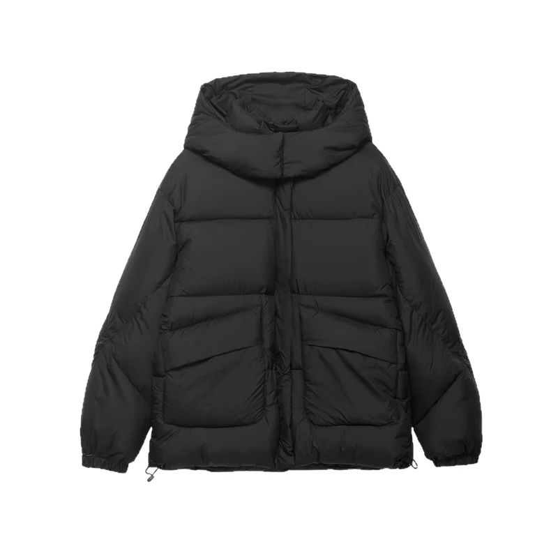 Damen Voluminöse Oversize Daunenjacke mit Kapuze und Kordelzug Nord Taschen