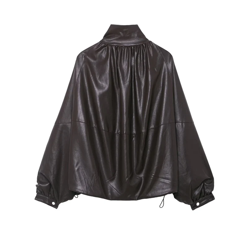 Damen Voluminöse Kunstleder-Capejacke mit hohem Stehkragen und Kordelzug Nord Taschen