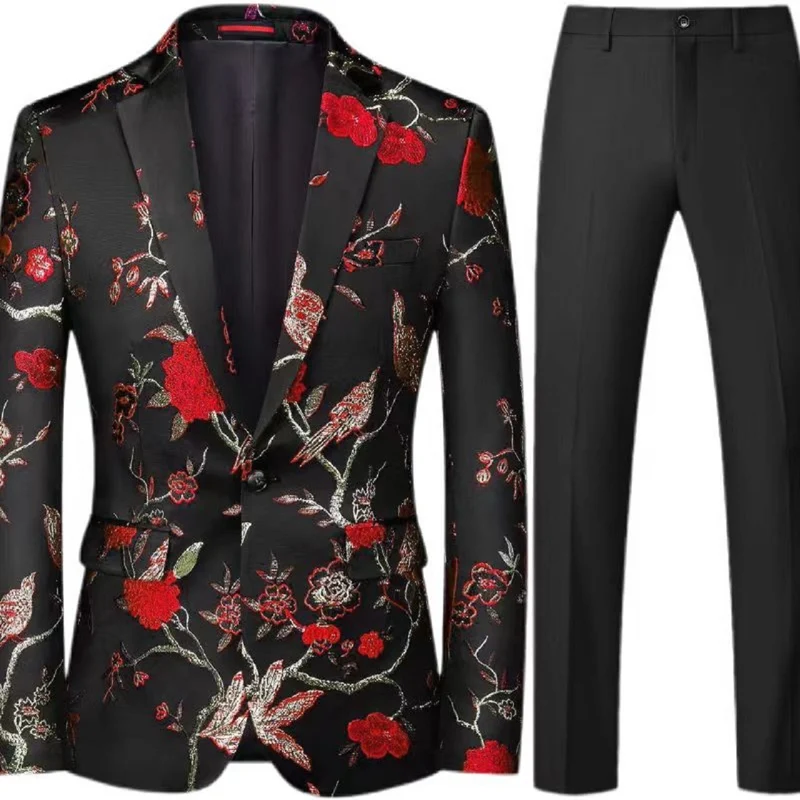 Herren Brokat-Sakko mit floralem Jacquard und Slim-Fit Anzughose Nord Taschen