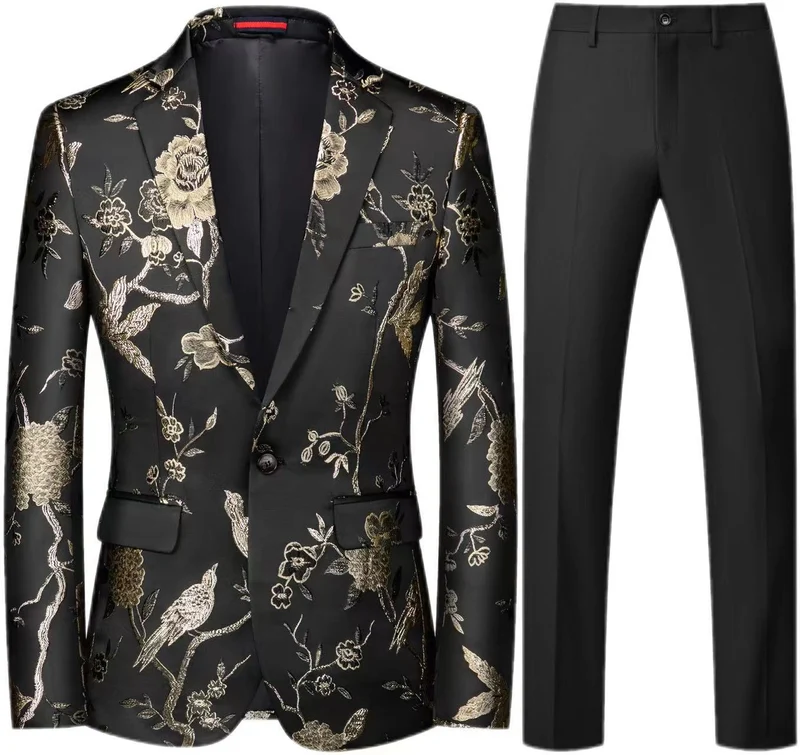 Herren Brokat-Sakko mit floralem Jacquard und Slim-Fit Anzughose Nord Taschen