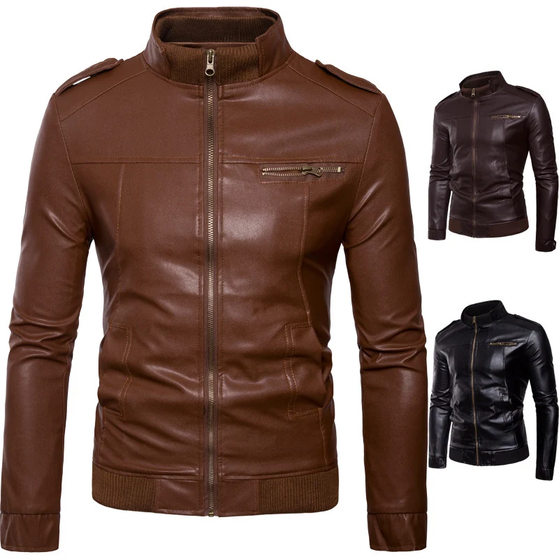 Herren Bikerinspirierte Kunstleder-Bomberjacke mit Stehkragen, Rippbündchen und Schulterpatten Nord Taschen