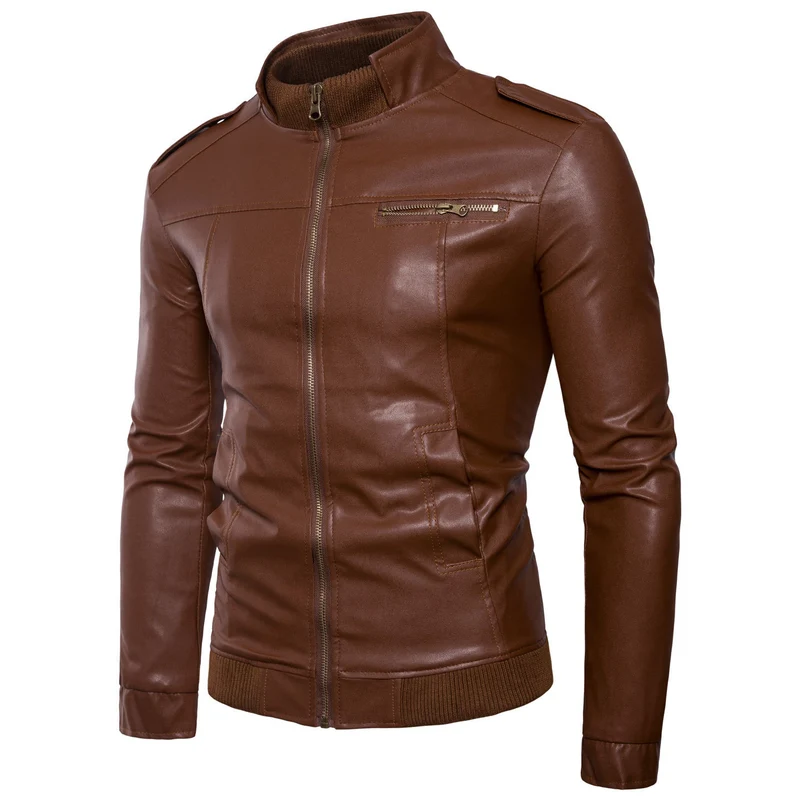 Herren Bikerinspirierte Kunstleder-Bomberjacke mit Stehkragen, Rippbündchen und Schulterpatten Nord Taschen