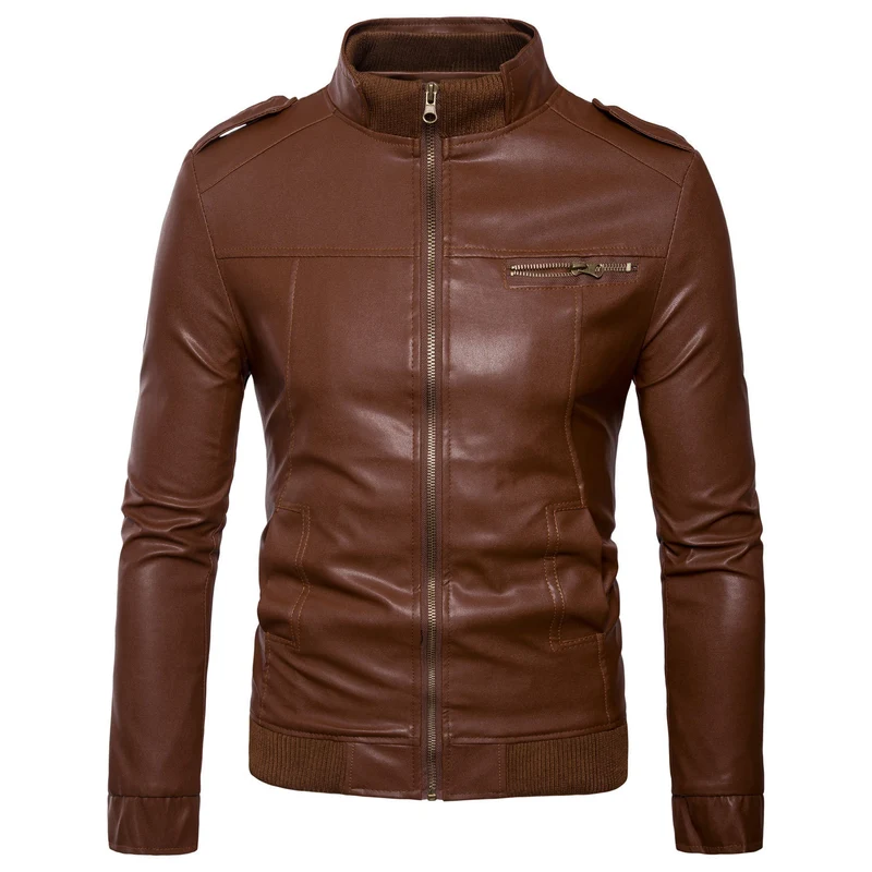 Herren Bikerinspirierte Kunstleder-Bomberjacke mit Stehkragen, Rippbündchen und Schulterpatten Nord Taschen