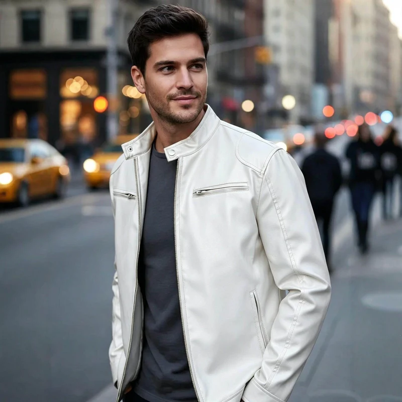 Herren Biker‑Style Kunstlederjacke mit Stehkragen und Reißverschlusstaschen Nord Taschen
