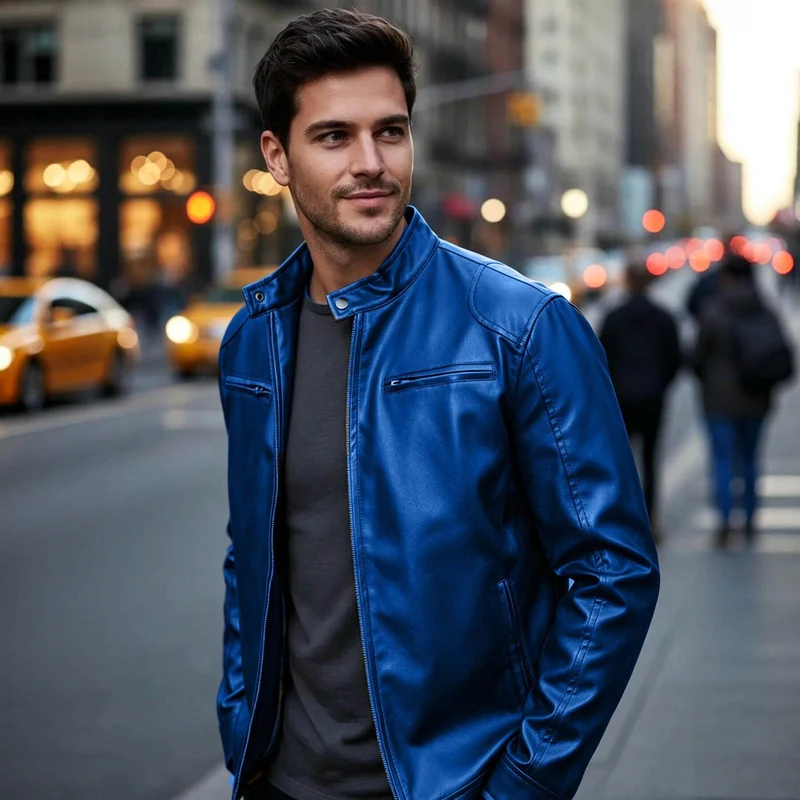 Herren Biker‑Style Kunstlederjacke mit Stehkragen und Reißverschlusstaschen Nord Taschen