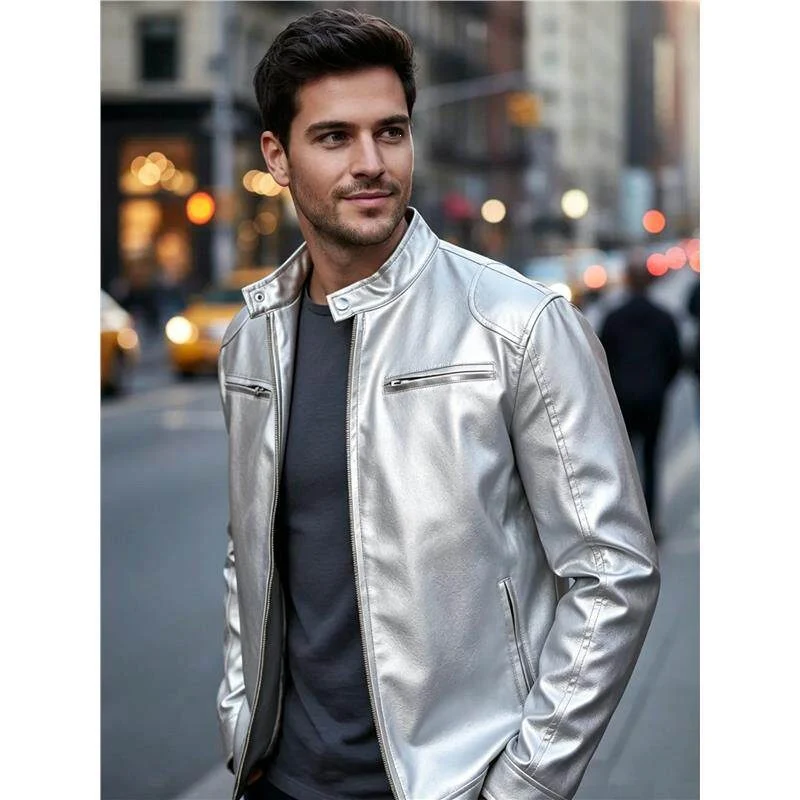 Herren Biker‑Style Kunstlederjacke mit Stehkragen und Reißverschlusstaschen Nord Taschen