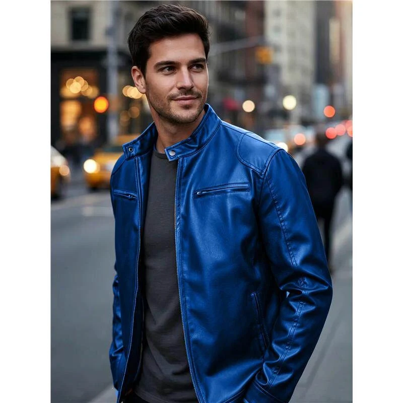 Herren Biker‑Style Kunstlederjacke mit Stehkragen und Reißverschlusstaschen Nord Taschen