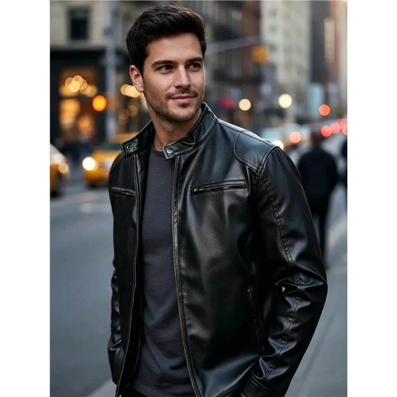 Herren Biker‑Style Kunstlederjacke mit Stehkragen und Reißverschlusstaschen Nord Taschen