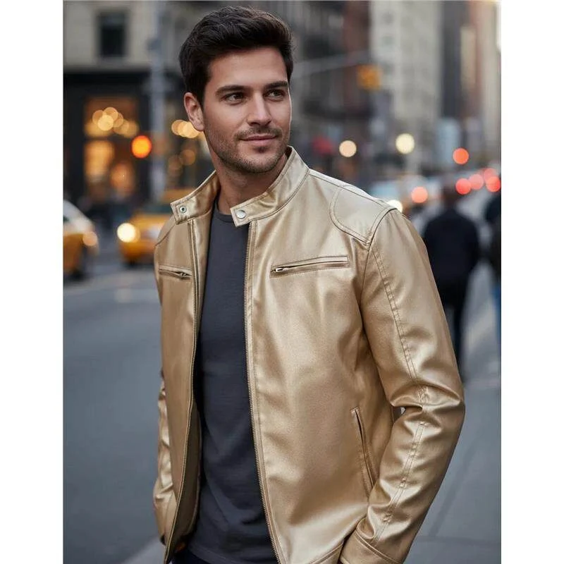 Herren Biker‑Style Kunstlederjacke mit Stehkragen und Reißverschlusstaschen Nord Taschen