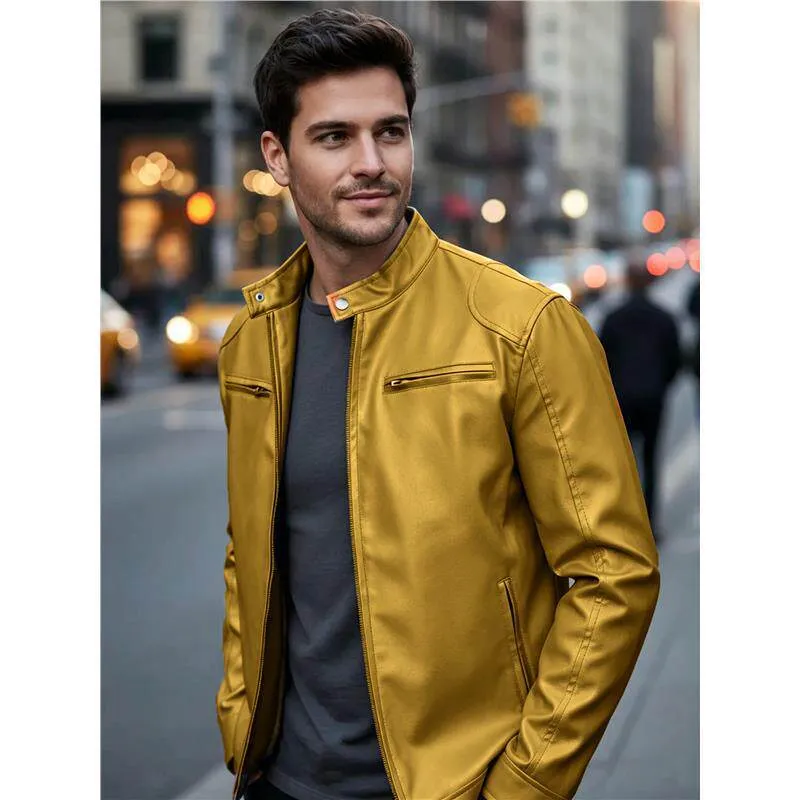 Herren Biker‑Style Kunstlederjacke mit Stehkragen und Reißverschlusstaschen Nord Taschen