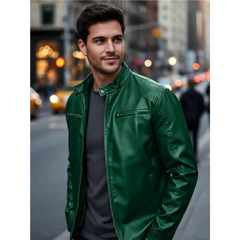 Herren Biker‑Style Kunstlederjacke mit Stehkragen und Reißverschlusstaschen Nord Taschen