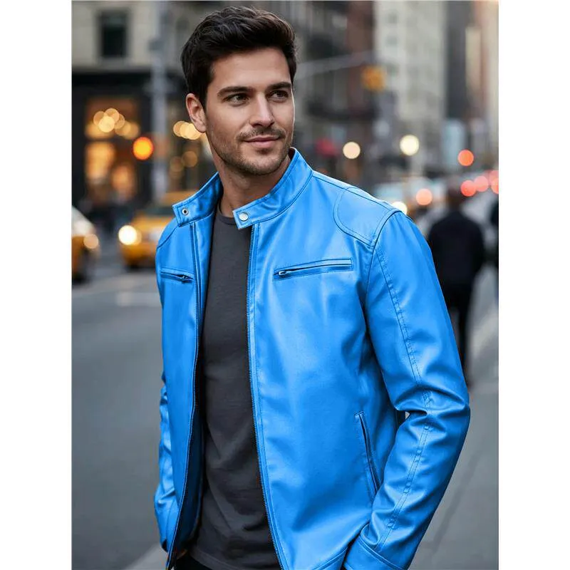 Herren Biker‑Style Kunstlederjacke mit Stehkragen und Reißverschlusstaschen Nord Taschen