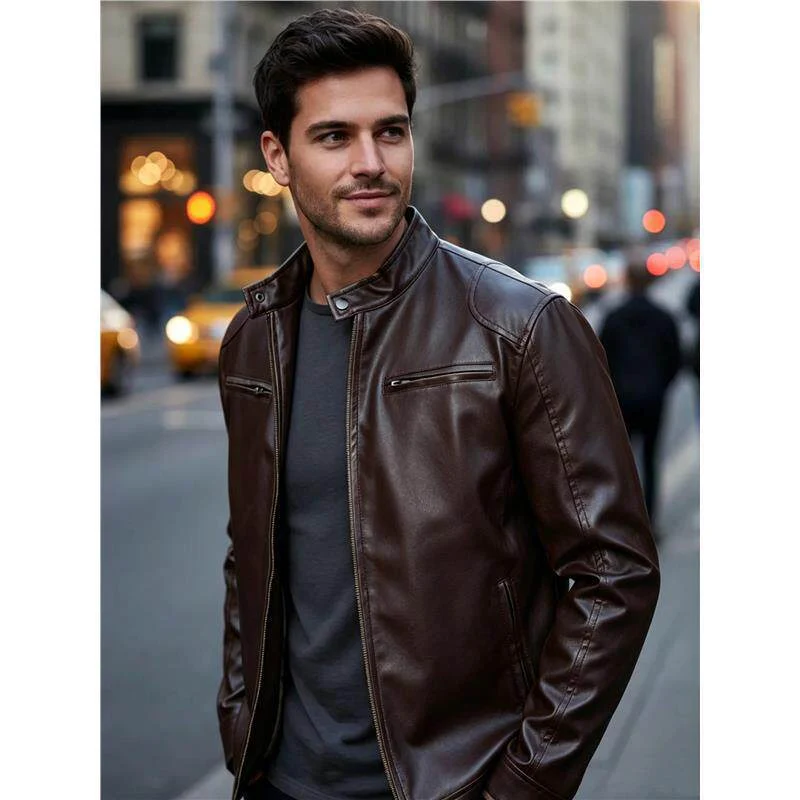 Herren Biker‑Style Kunstlederjacke mit Stehkragen und Reißverschlusstaschen Nord Taschen
