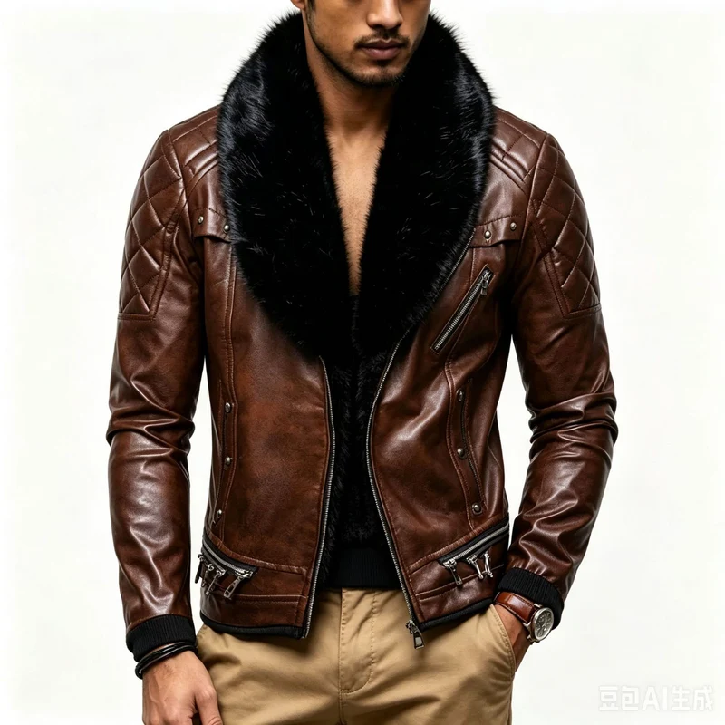 Herren Biker-Lederjacke mit gesteppter Schulter, voluminösem Fellkragen und Zierreißverschlüssen Nord Taschen