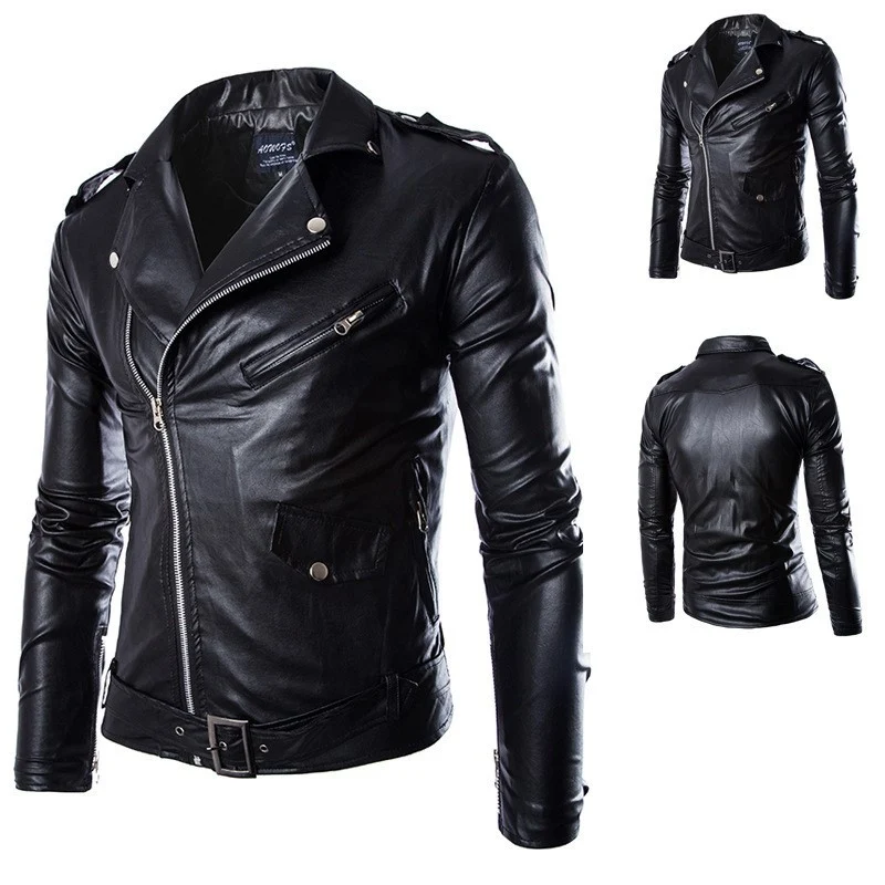 Herren Biker-Lederjacke im Slim-Fit mit asymmetrischem Reißverschluss und Taillengürtel Nord Taschen